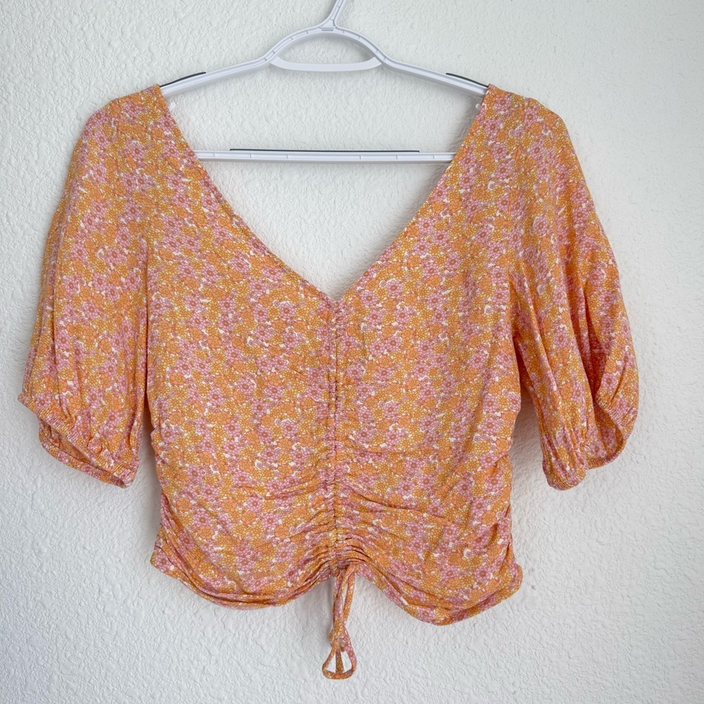 H&M Pink Yellow Cottagecore Floral Print Smocked Peasant Crop Top Blouse size S